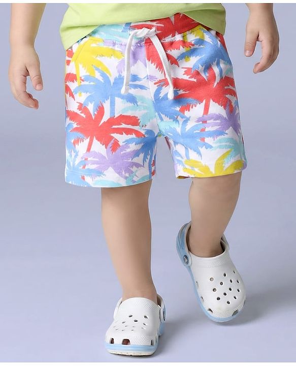 Babyhug Cotton Knit Shorts With Tree Print - White