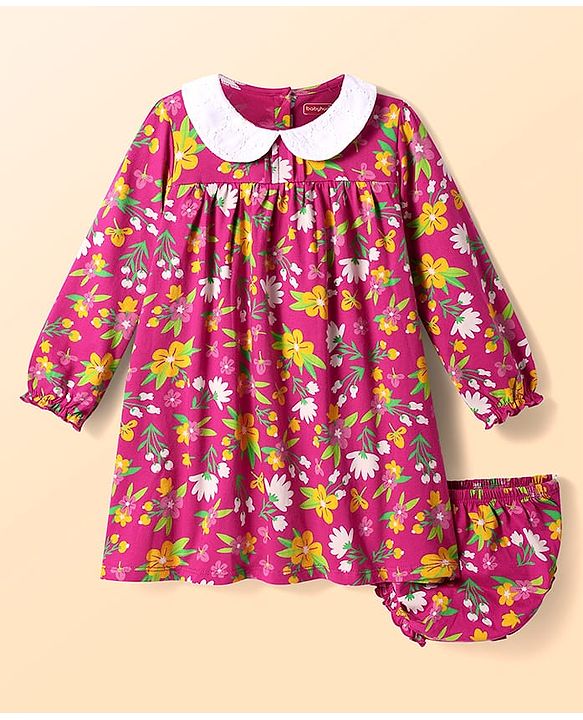 Babyhug Cotton Knit Full Peasant Sleeves Peter Pan Collared Frock with Bloomer & Floral Print - Dark Pink