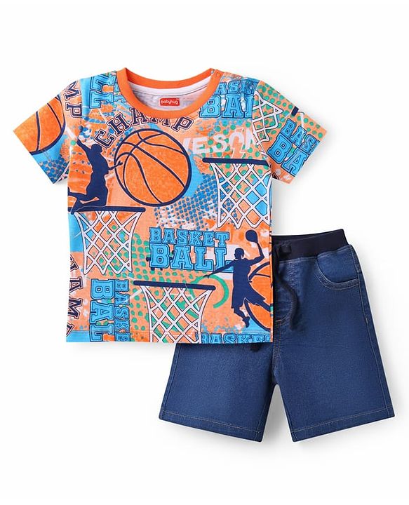 Babyhug Single Jersey Knit Half Sleeves T-Shirt & Denim Shorts Set With Basketball Print - Blue