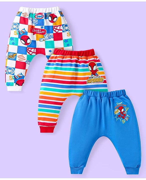 Babyhug Marvel Interlock Knit Full Length Diaper Leggings With Spider-Man Graphics Pack of 3 - Blue Red & White