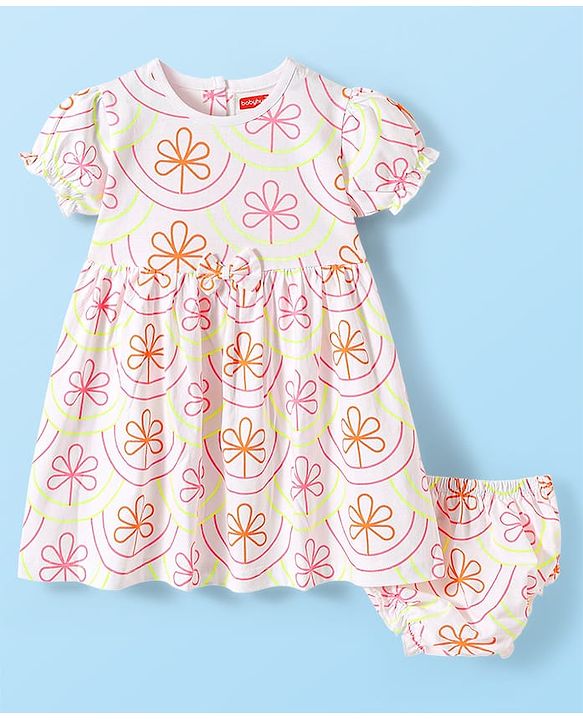 Babyhug Cotton Knit Half Puffed Sleeves Floral Printed Frock with Bow Applique & Bloomer - White