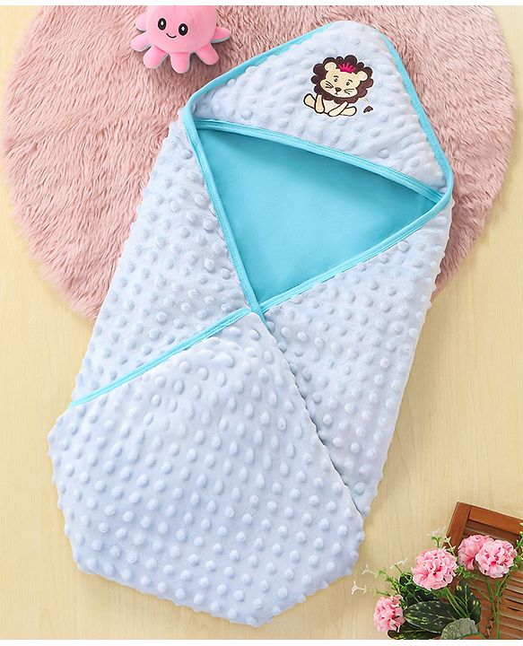 Babyhug Bubble Embroidered Hooded Wrapper Lion Patch - Blue
