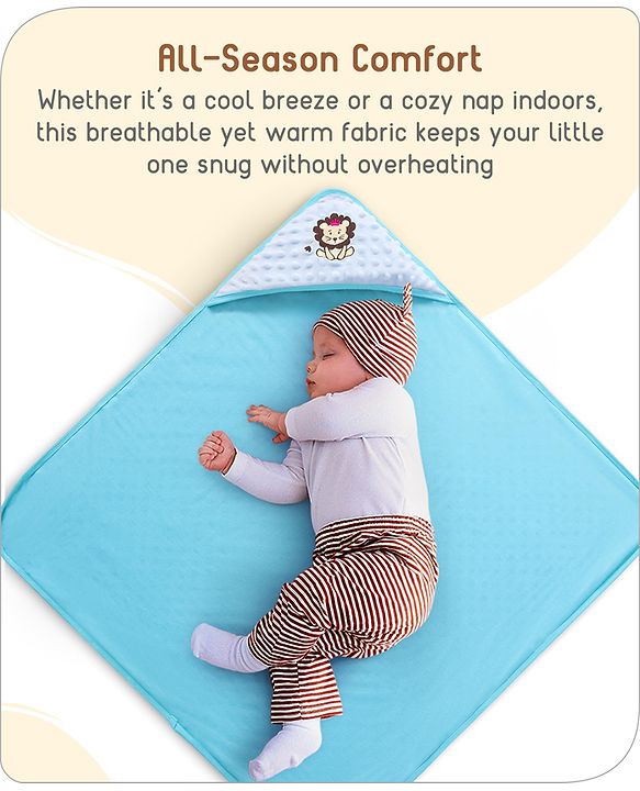 Babyhug Bubble Embroidered Hooded Wrapper Lion Patch - Blue