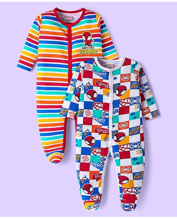 Babyhug Marvel Interlock Knit Full Sleeves Spider Man Graphics Sleep Suits Pack Of 2 - Blue & Red