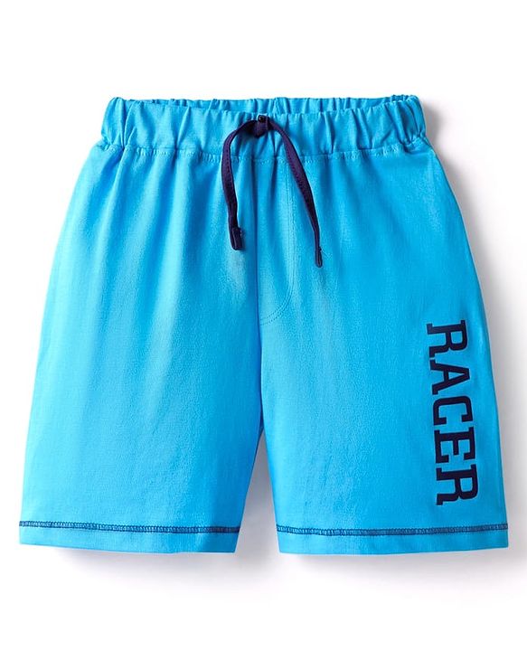Babyhug Cotton Knit Mid Thigh Length Shorts with Text Print - Blue