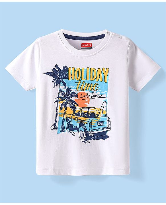 Babyhug Cotton Knit Half Sleeves T-Shirt with Holiday Time Print - White
