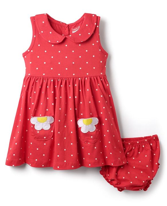 Babyhug Cotton Knit Sleeveless Frock With Polka Dot Print & Bloomer - Red