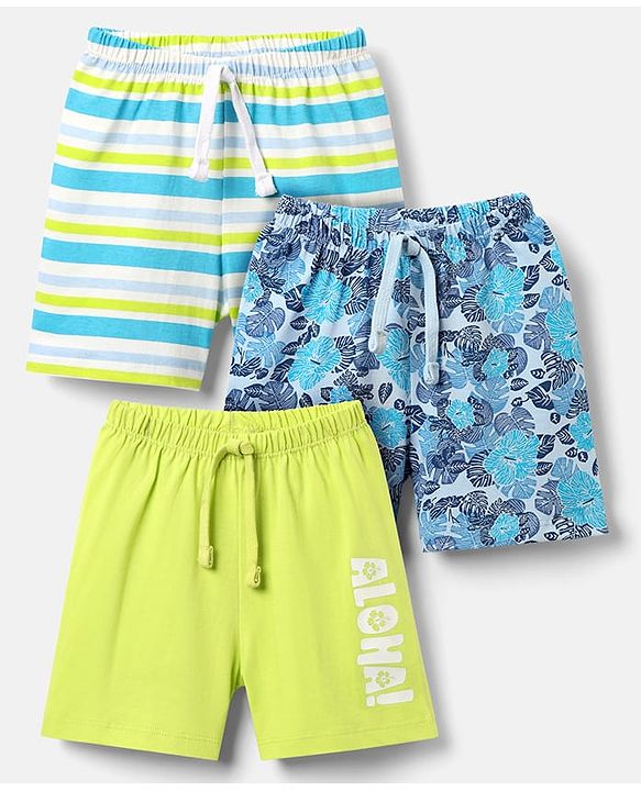 Babyhug Single Jersey Knit Striped Floral & Text Printed Shorts Pack Of 3 - Blue Light Green & Sky Blue