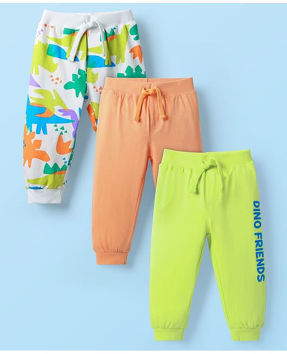 Babyhug Terry Cotton Knit Full Length Dino & Text Printed Lounge Pants Pack Of 3 - Orange Limegreen & White