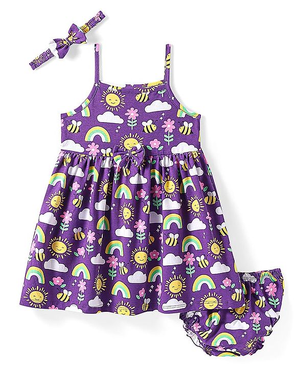 Babyhug Cotton Knit Sleeveless Floral Printed Frock With Bloomer & Headband - Purple