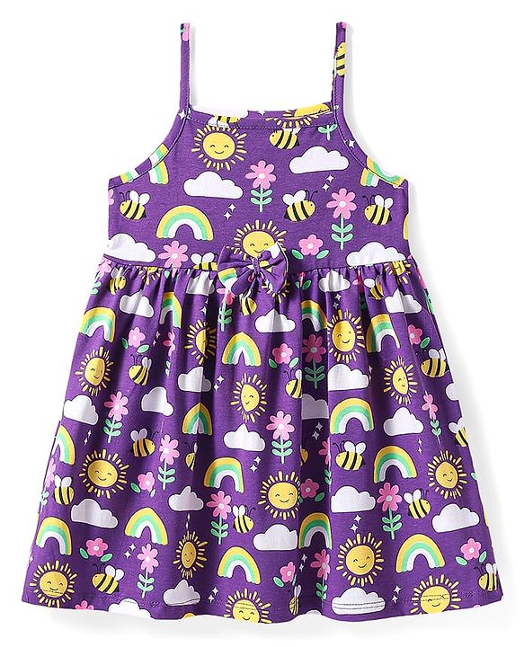 Babyhug Cotton Knit Sleeveless Floral Printed Frock With Bloomer & Headband - Purple