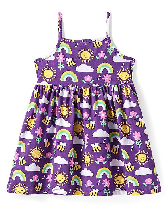 Babyhug Cotton Knit Sleeveless Floral Printed Frock With Bloomer & Headband - Purple