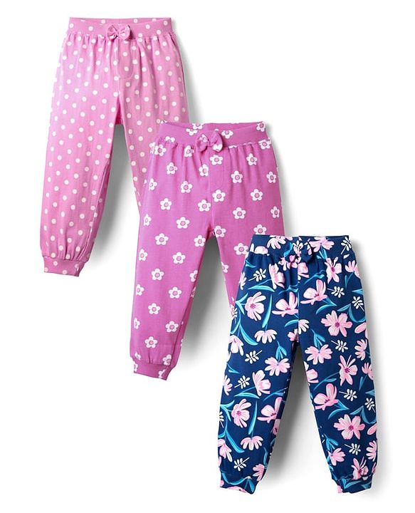 Babyhug Terry Knit Full Length Lounge Pants With Polka Dots & Floral Print Pack Of 3 - Pink Royal Blue & Plum