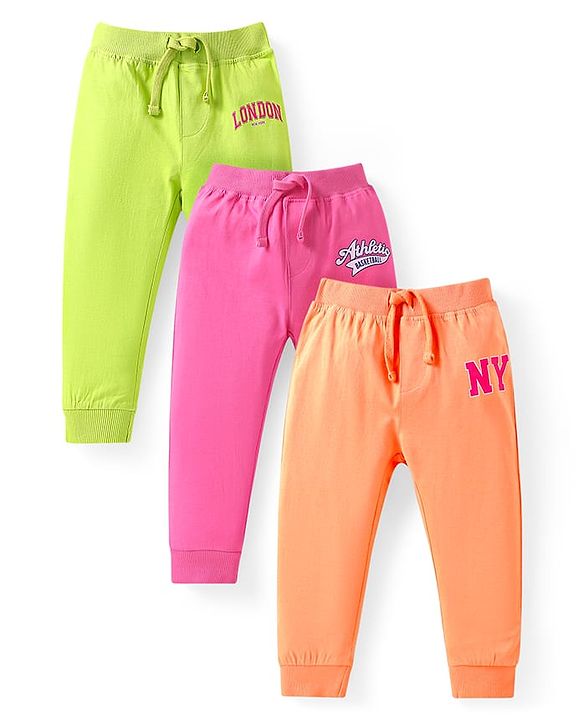 Babyhug Terry Knit Full Length Printed Lounge Pants Pack of 3 - Orange Dark Pink & Green