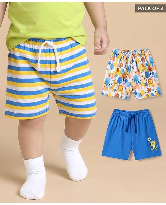 Babyhug Cotton Knit Mid Thigh Shorts with Jungle Theme Print & Stripes Pack of 3 - Multicolor