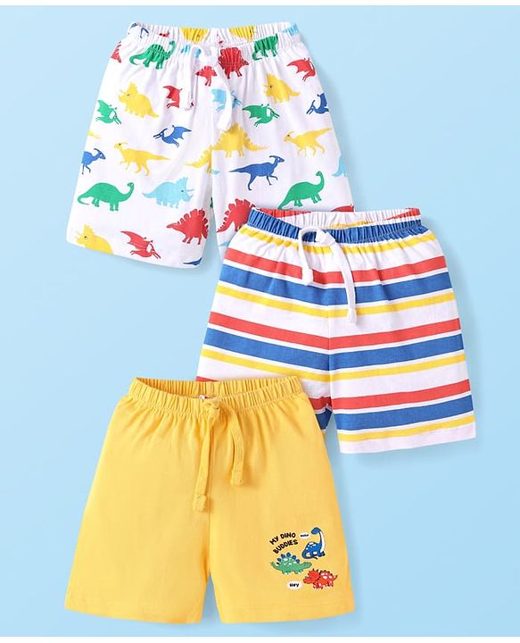 Babyhug Single Jersey Knit Shorts with Stripes & Dino Print Pack of 3 - Yellow & White