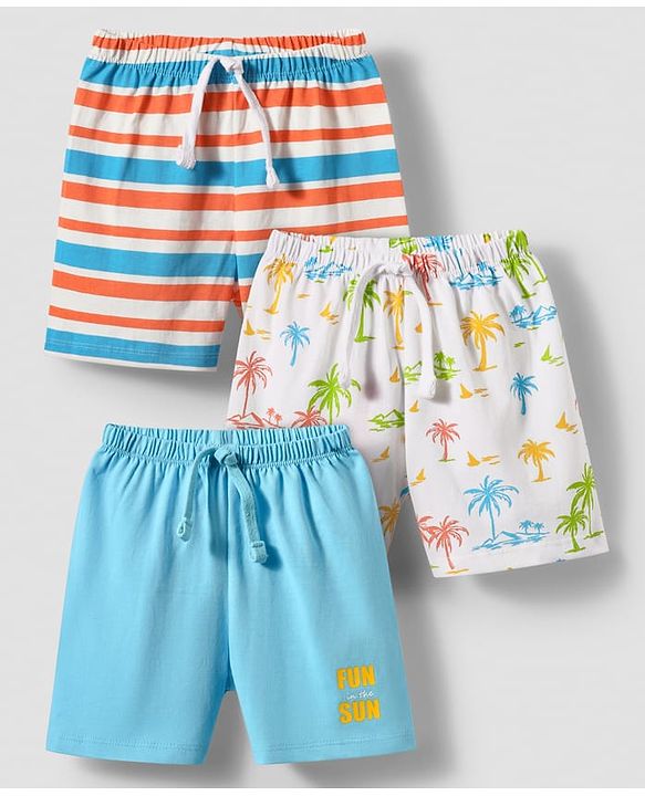 Babyhug Single Jersey Knit Shorts With Stripes & Beach Theme Print Pack Of 3 - Light Blue White & Orange