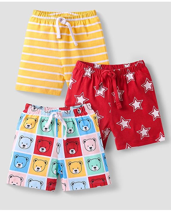Babyhug Cotton Single Jersey Knit Shorts With Bear & Star Print Pack of 3 - Red & Yellow