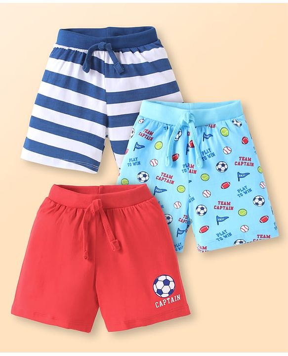 Babyhug Cotton Single Jersey Knit Striped Shorts With Ball Print Pack of 3 - Red & Blue