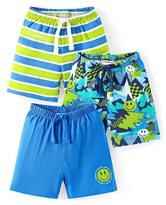 Babyhug Cotton Knit Mid Thigh Length Shorts with Smiley Print & Stripes Pack of 3 - Light Green & Blue