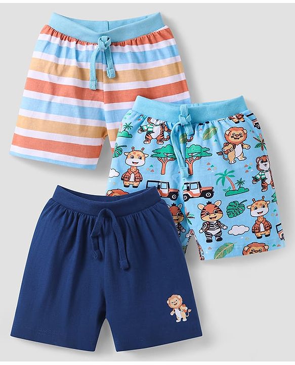 Babyhug Single Jersey Knit Shorts with Stripes & Animal Print Pack of 3 - Light Blue & Navy Blue