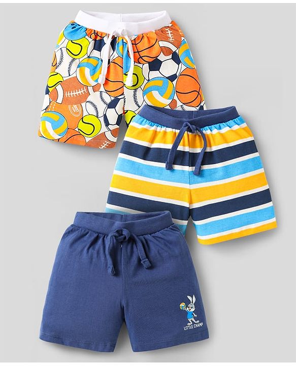 Babyhug Cotton Knit Shorts with Sports Theme Print & Stripes Pack of 3 - White & Navy Blue