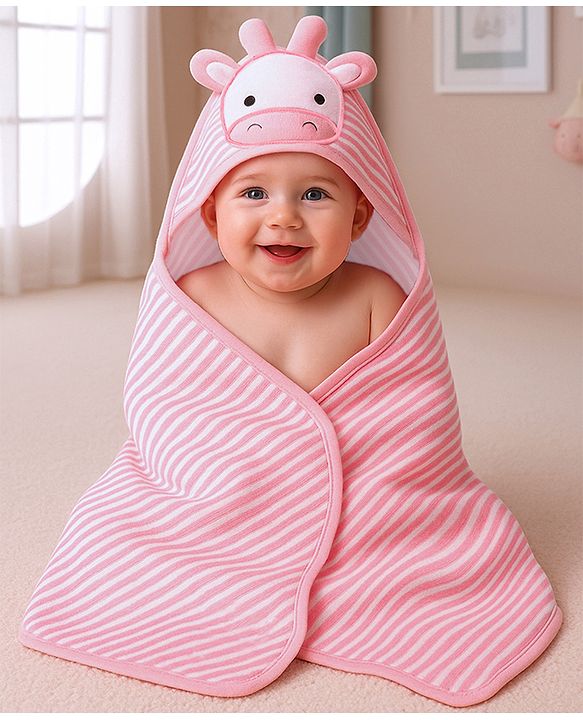 Babyhug Terry Knit Striped Hooded Towel With Cow Patch L 81 x B 75 cm - Pink