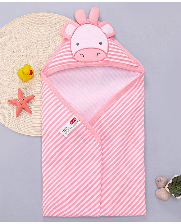 Babyhug Terry Knit Striped Hooded Towel With Cow Patch L 81 x B 75 cm - Pink