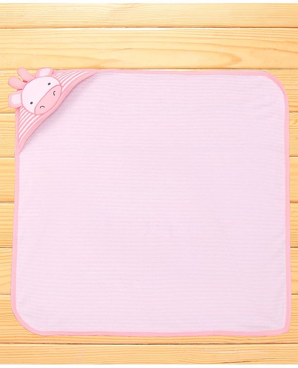 Babyhug Terry Knit Striped Hooded Towel With Cow Patch L 81 x B 75 cm - Pink