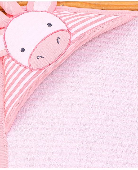 Babyhug Terry Knit Striped Hooded Towel With Cow Patch L 81 x B 75 cm - Pink