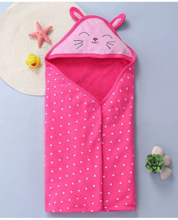 Babyhug Cotton Knit Hooded Towel With Bunny Ears Applique L 30 x B 30 cm - Pink