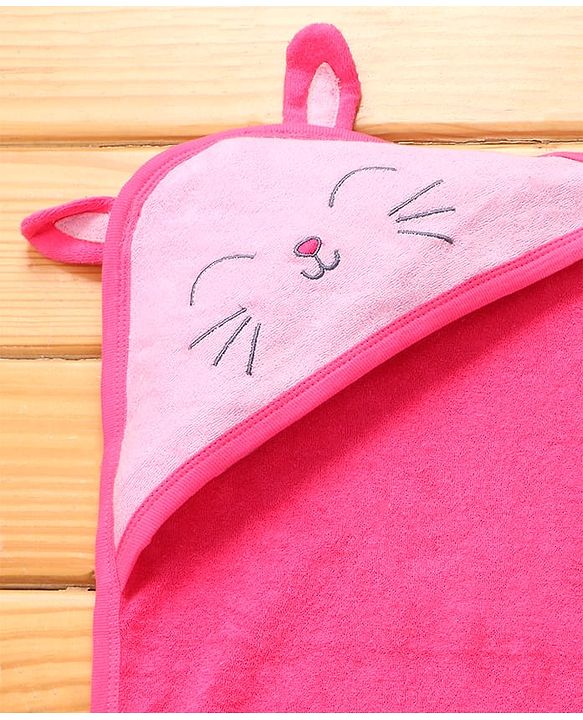 Babyhug Cotton Knit Hooded Towel With Bunny Ears Applique L 30 x B 30 cm - Pink