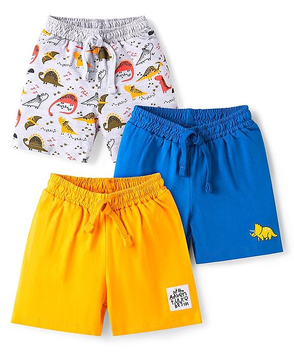 Babyhug Cotton Knit Mid Thigh Length Shorts with Dino Print Pack of 3 - Grey Blue & Yellow