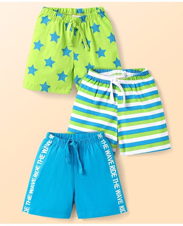 Babyhug Single Jersey Knit Shorts with Stripes Star & Text Print Pack of 3 - Limegreen & Light Blue