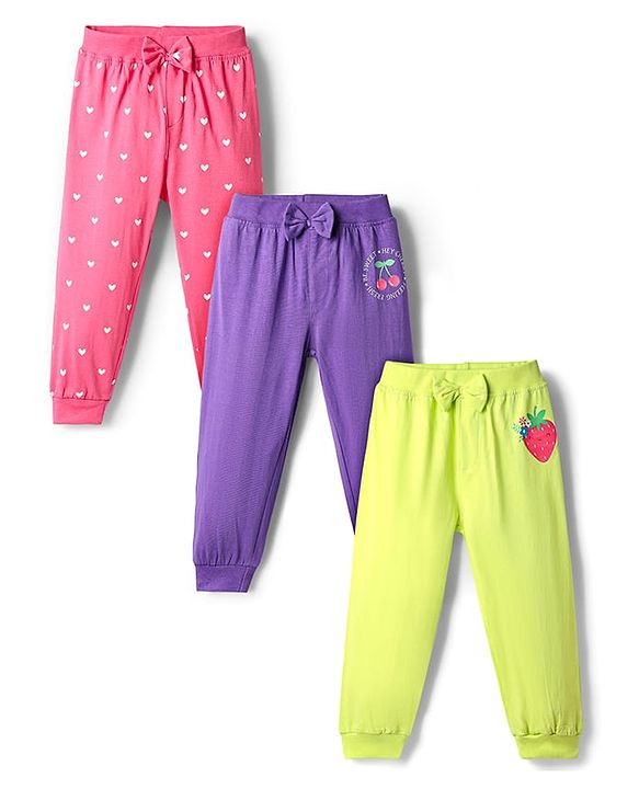 Babyhug Cotton Terry Knit Full Length Heart Printed Lounge Pants With Bow Applique Pack Of 3 - Pink Purple & Lime Green