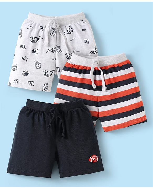 Babyhug 100% Cotton Single Jersey Knit Shorts with Stripes & Sport Theme Print Pack of 3 - Grey & Black