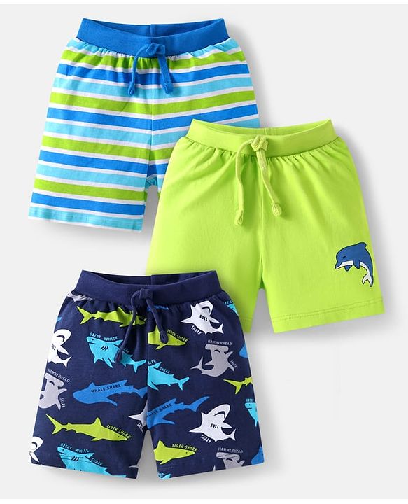 Babyhug Cotton Knit Shorts with Sea Life Print & Stripes Pack of 3 - Blue Light Green & Navy Blue