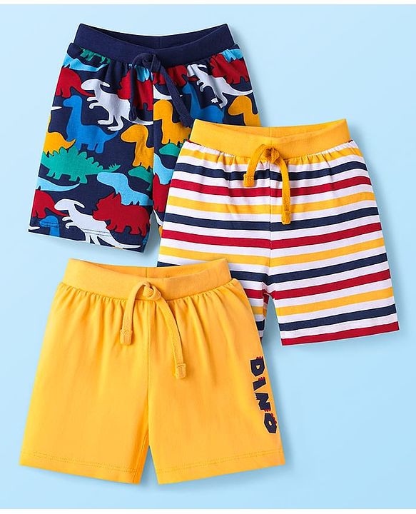 Babyhug Single Jersey Shorts with Stripes & Dino Print Pack of 3 - Yellow & Navy Blue