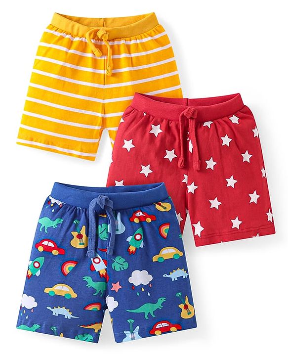 Babyhug Cotton Knit Shorts with Stars Print & Stripes Pack of 3 - Yellow Red & Navy Blue