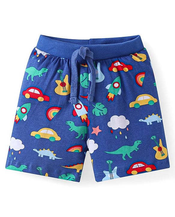 Babyhug Cotton Knit Shorts with Stars Print & Stripes Pack of 3 - Yellow Red & Navy Blue