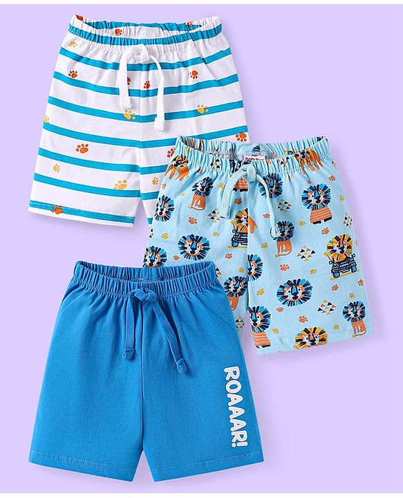 Babyhug Cotton Knit Knee Length Striped & Lion Printed Shorts Pack of 3 - Blue White & Light Blue