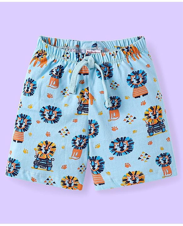 Babyhug Cotton Knit Knee Length Striped & Lion Printed Shorts Pack of 3 - Blue White & Light Blue