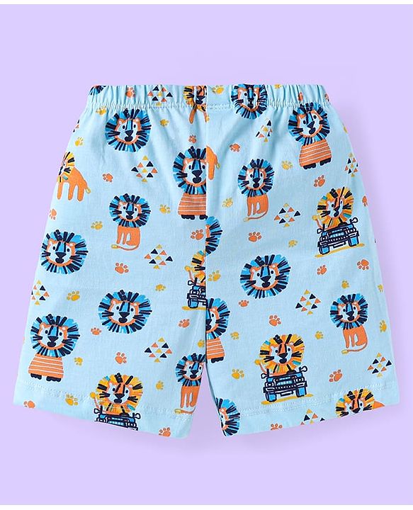 Babyhug Cotton Knit Knee Length Striped & Lion Printed Shorts Pack of 3 - Blue White & Light Blue