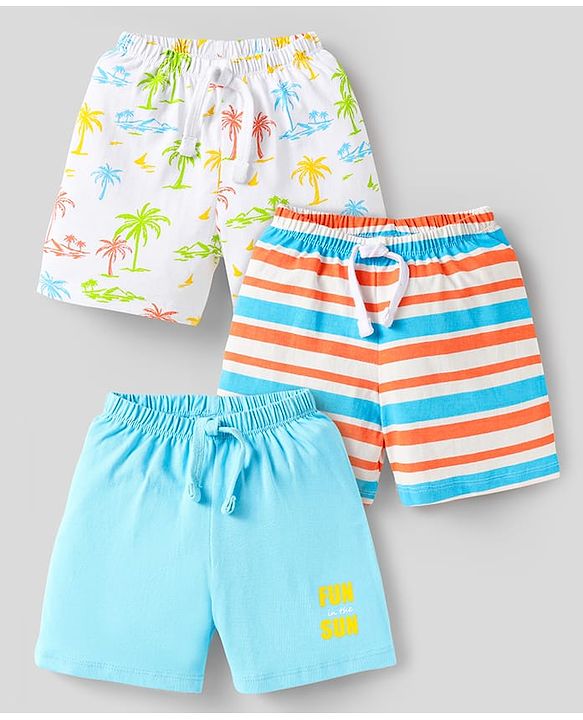 Babyhug Cotton Knit Shorts With Striped & Beach Theme Print Pack Of 3 - Light Blue Orange & Yellow