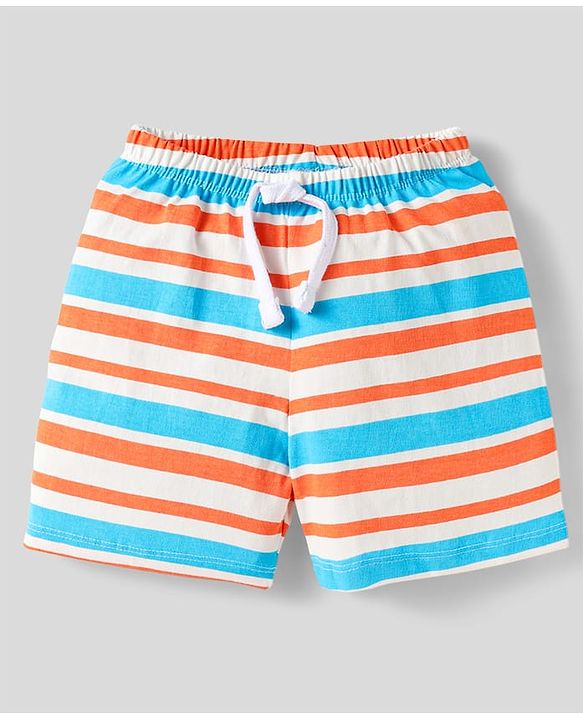 Babyhug Cotton Knit Shorts With Striped & Beach Theme Print Pack Of 3 - Light Blue Orange & Yellow