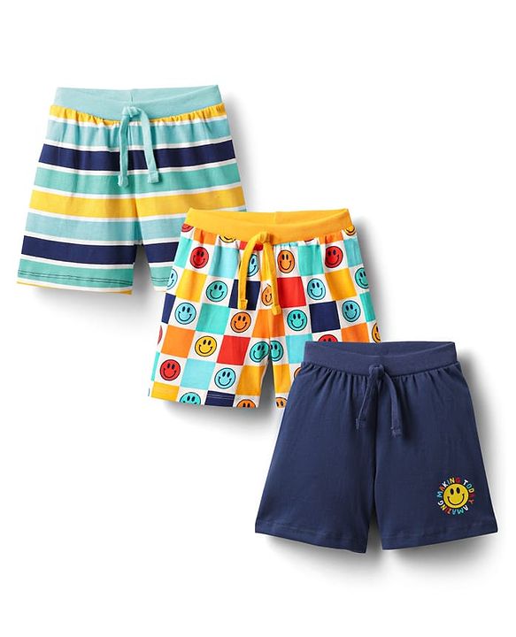Babyhug Single Jersey Knit Shorts With Stripes & Smiley Print Pack Of 3 - Navy Blue Light Blue & Yellow