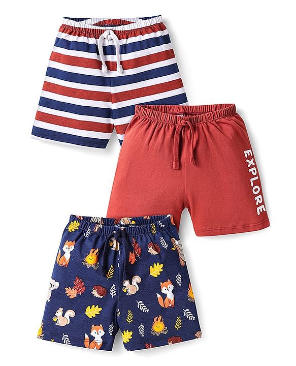Babyhug Cotton Knit Shorts with Stripes & Animal Print Pack of 3 -Navy Blue & Maroon