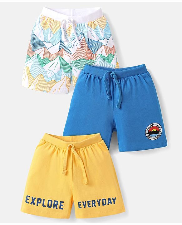 Babyhug Single Jersey Knit Shorts with Explore Theme & Text Print Pack of 3 - Yellow Blue & White