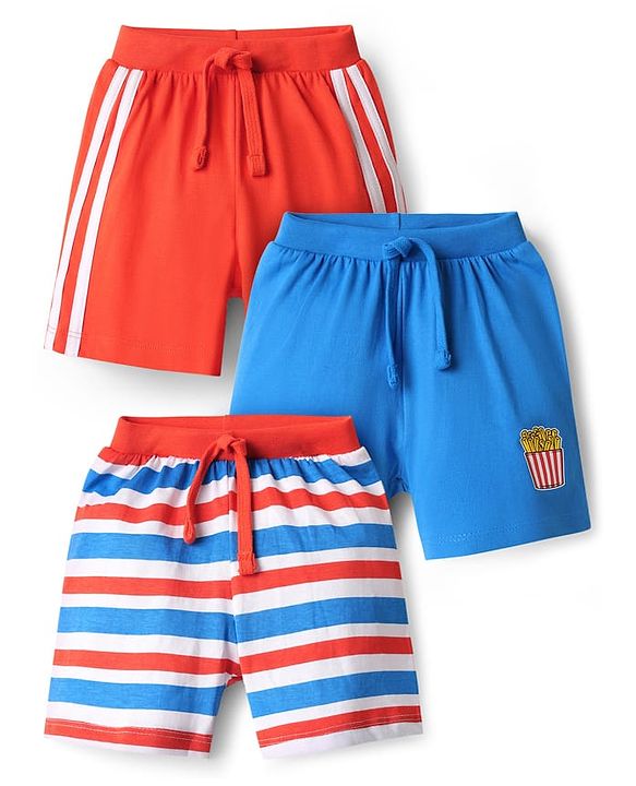 Babyhug Cotton Knit Shorts With Stripes & Fries Print Pack Of 3 - Red Blue & White