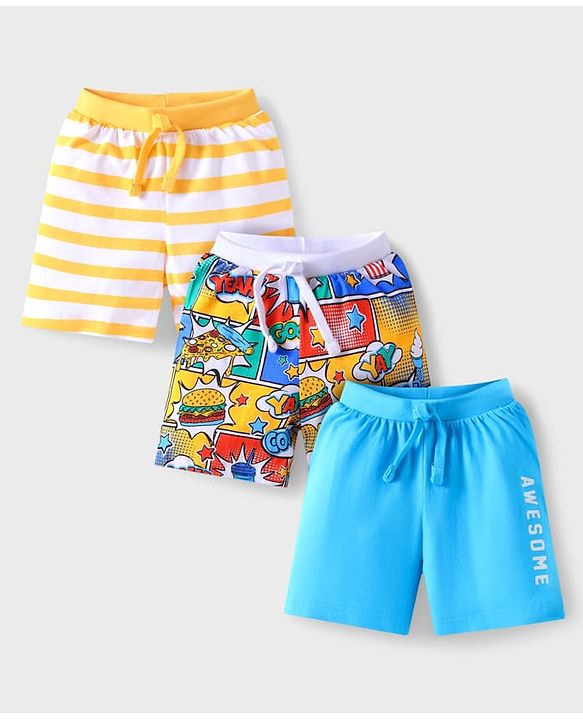 Babyhug Cotton Knit Shorts with Text Print & Stripes Pack of 3 - White Yellow & Light Blue